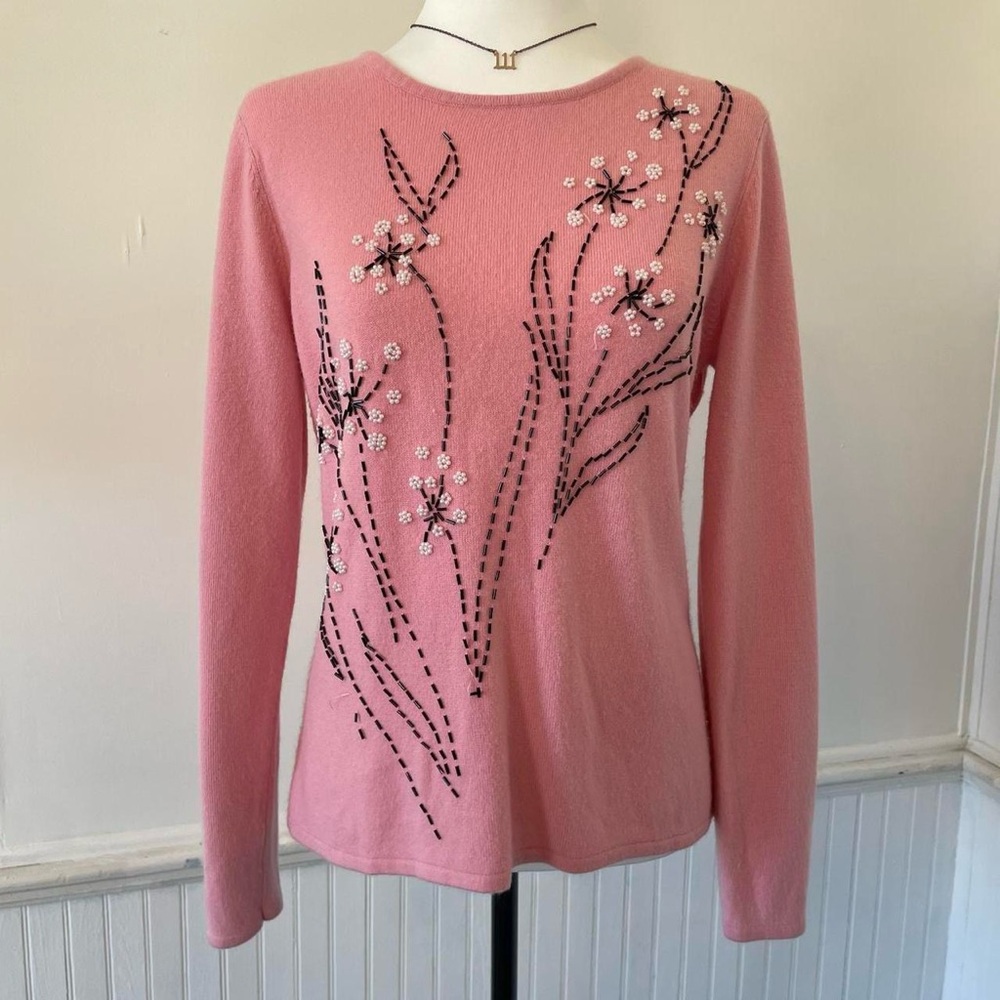 Goodclothes Collections - Pink Beaded Floral Knit Crewneck Sweater Top